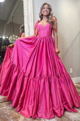 A-Line Hot Pink Prom Dress 2025 Satin Sweetheart with Bow Straps